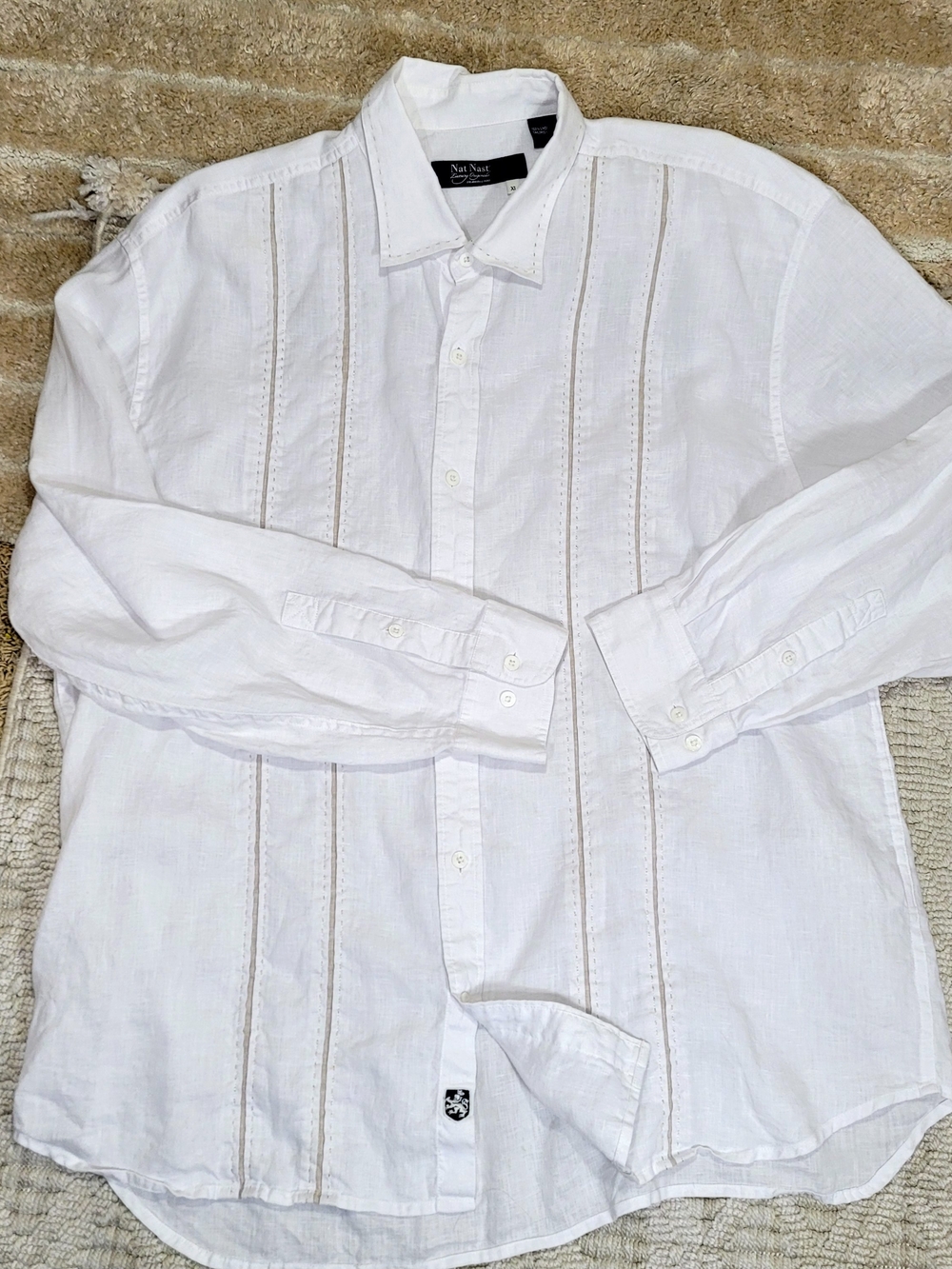 NAT NAST Long Sleeve Linen Button Up Beige Striped Shirt Sz XL